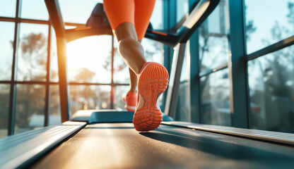 Close up of feet, sportswoman runner running sneaker sole on treadmill in fitness club. Cardio...