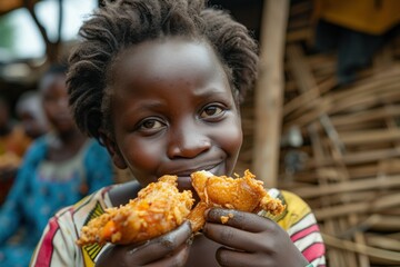 Young Girl Eating a Piece of Food - obrazy, fototapety, plakaty