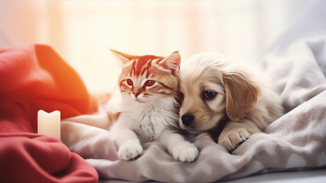 Pet friends cuddling on a warm blanket indoors