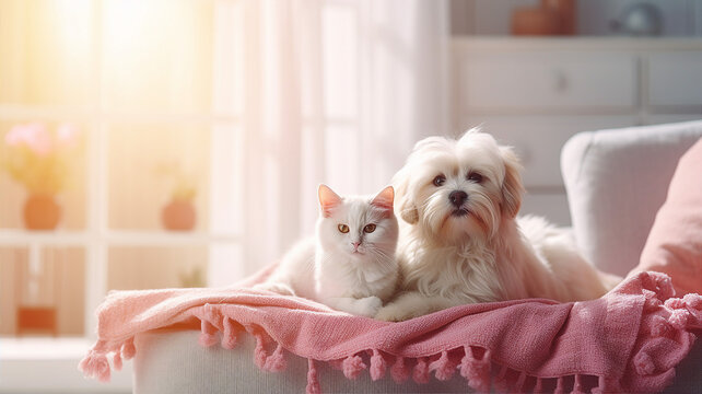 A white cat and fluffy dog cuddling on a cozy sofa