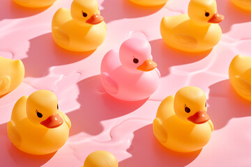 yellow  rubber ducks and one in pink