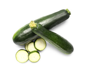 Fresh green zucchini with slices on white background