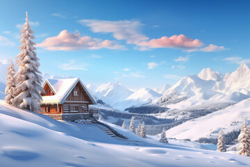 A small wooden house in a snowy mountain