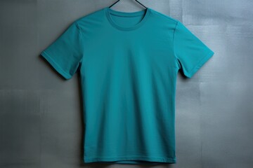 Teal t shirt is seen against a gray wall