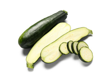 Fresh green zucchini with slices on white background