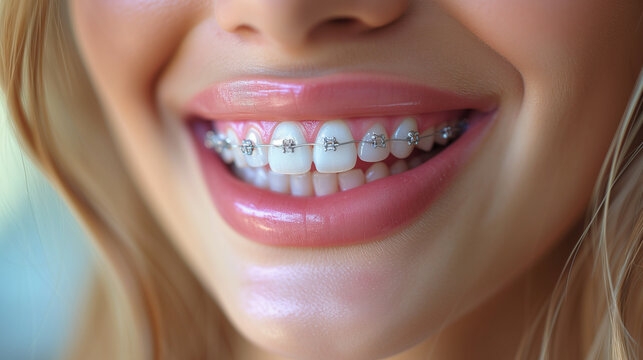 Close-up of happy woman with braces: Nose, Hair, Smile, Lip, Eyelash, Tooth, Jaw