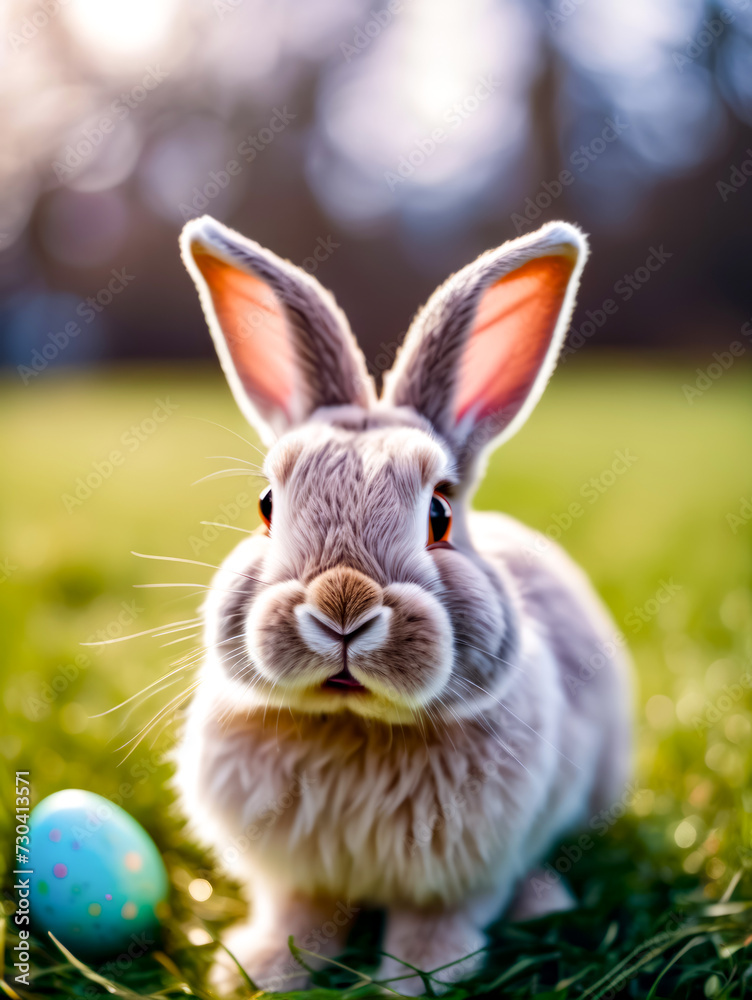 Wall mural Rabbit sitting in the grass next to blue and white easter egg.