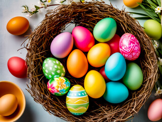 Basket filled with lots of colorful easter eggs on top of table.