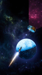 Interstellar travel and dimensional portals, spaceships exploring new planets and space-time transformation. Conquest of new worlds, exoplanets. 3d rendering
