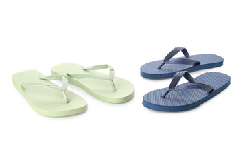 Colorful pairs of female flip flops on white background