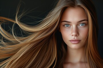 Obraz premium Woman With Long Blonde Hair Blowing in the Wind