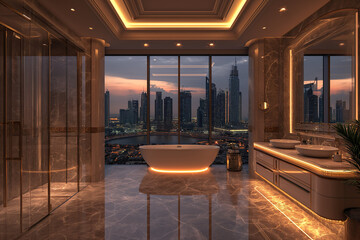  Large Bathroom in Luxury Home in Dubai, marble and warm lighting, view from the window of evening city