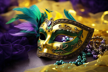 Mardi gras carnival concept - green, yellow and purple mask with decorations