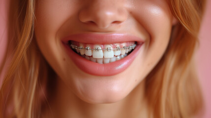 A close up of a woman 's smile with braces on her teeth - obrazy, fototapety, plakaty