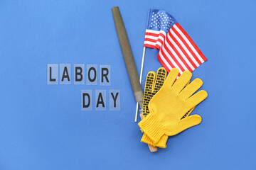 Rasp, gloves, USA flag and text LABOR DAY on blue background