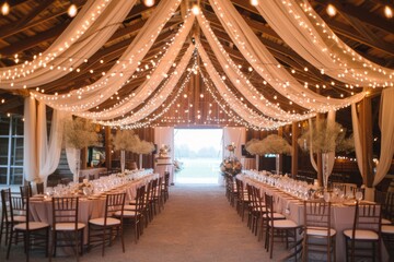 A rustic barn wedding with twinkling lights and elegant decor