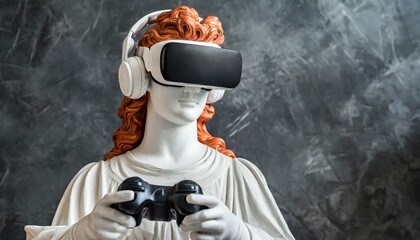 estátua moderna usando headphones, óculos vr, controle