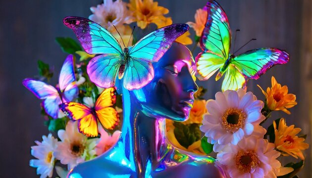manequim rodeado por borboletas coloridas, luzes neon brilhantes