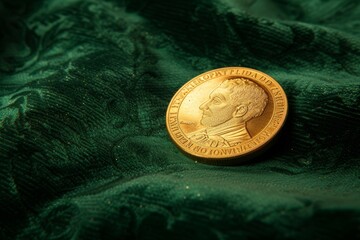 A shiny gold coin, isolated on a dark green velvet background
