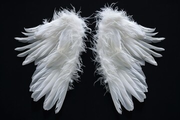 Obraz premium Angel wings isolated on the black background, fantasy feather wings for fashion design, cosplay and dress up party