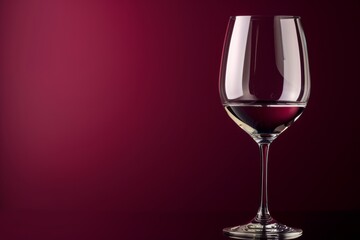 A single elegant wine glass, isolated on a dark burgundy background.