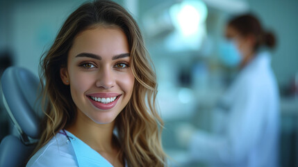 Happy woman with blond hair and electric blue eyelash, smiling in dental chair