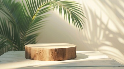 Minimal natural wood podium with green palm leaf with sunlight background. Minimal wooden stand for branding and packaging presentation.