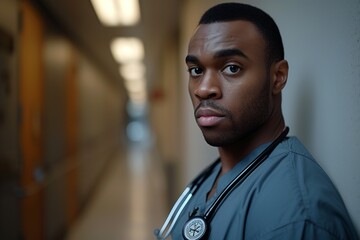 Focused Male Nurse in Grey Scrubs Walking Through a Hospital Hallway.