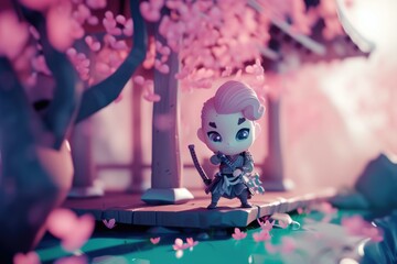 A small figurine sitting on top of a wooden platform, cute samurai doll under sakura in bloom on pink background