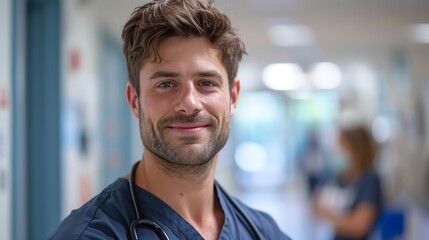 Obraz premium Smiling Male Nurse in Medical Scrubs Standing in a Busy Hospital Corridor