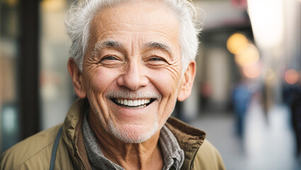 An old man smiling in front of an out-of-focus background. Image with copy space.