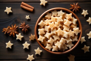 Star-shaped cereal fun! Look from top, stars all in a row. Crunchy bites waiting for a spoon. Copy-space for messages or doodles. Breakfast joy, starry delight! 