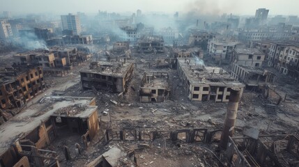 war-torn city, destroyed buildings, bullet holes in walls, shell holes on the ground