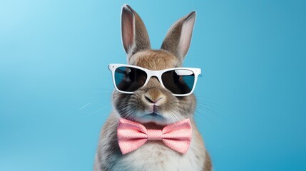 Close-up a rabbit wearing glasses and bowties pink isolated on blue background. Copy space add for text.
