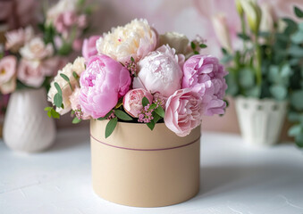 Pink and white peonies are elegantly arranged in round luxury gift box. Flower's business. Lifestyle flower shop.
