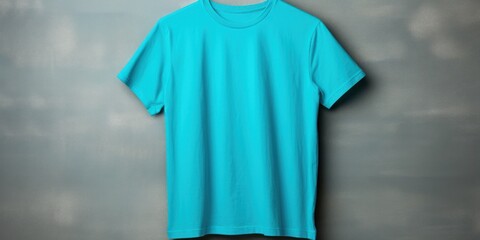 Turquoise t shirt is seen against a gray wall