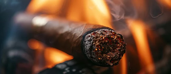 Rollo The cigar is ignited with a lighter and has burning fire and ash on top. © 2rogan