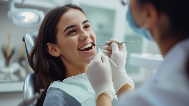 Dentist checks woman's teeth; she smiles, happy with exam.