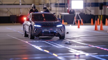 robotic car deploying its sensor array to navigate an obstacle course, showcasing agility and advanced robotics in automotive tech