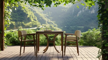 A table and two chairs on a patio