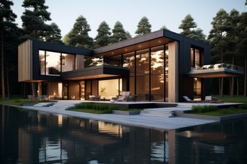 Fototapeta premium Well-lit Modern sunny house. With green grass. Generate Ai