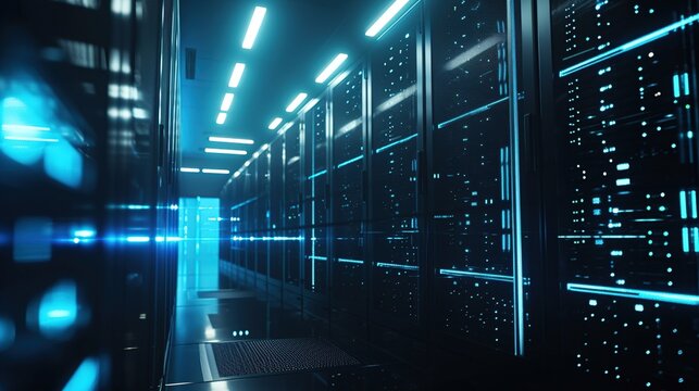 3D rendering dark blue lights server room data center storage