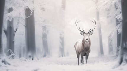 Serene Stag in a Snow-Blanketed Forest Scene