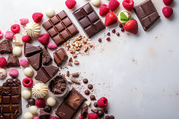 Assorted chocolates and truffles with strawberries and raspberries on white background. Design for...