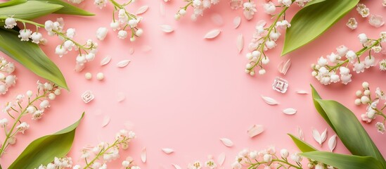 Pastel pink desk top view with lily of the valley flowers framing a Spring background, offering copy space.