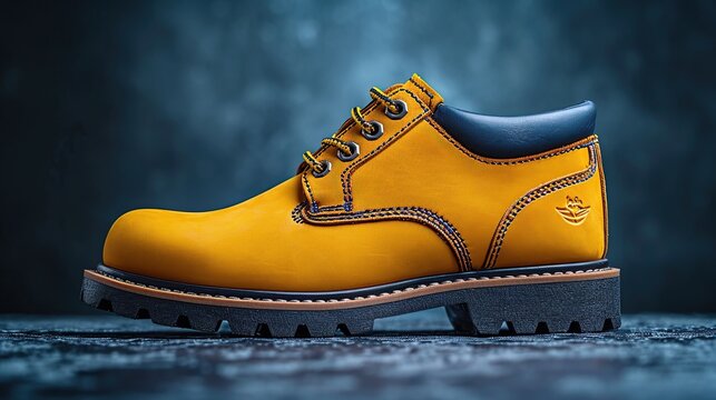 Pair of yellow safety leather shoes isolated on dark blue background. With copy space.