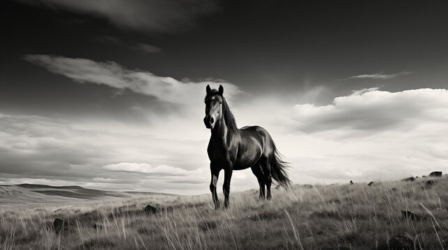 Solemn Black Horse in Vast Monochrome Landscape