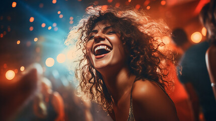 Joyful woman dancing to music in a vibrant club setting