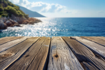 A wooden table set against the backdrop of the sea, an island, and the blue sky