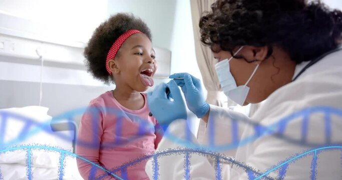Animation of dna strands over african american female doctor taking swab test from girl patient